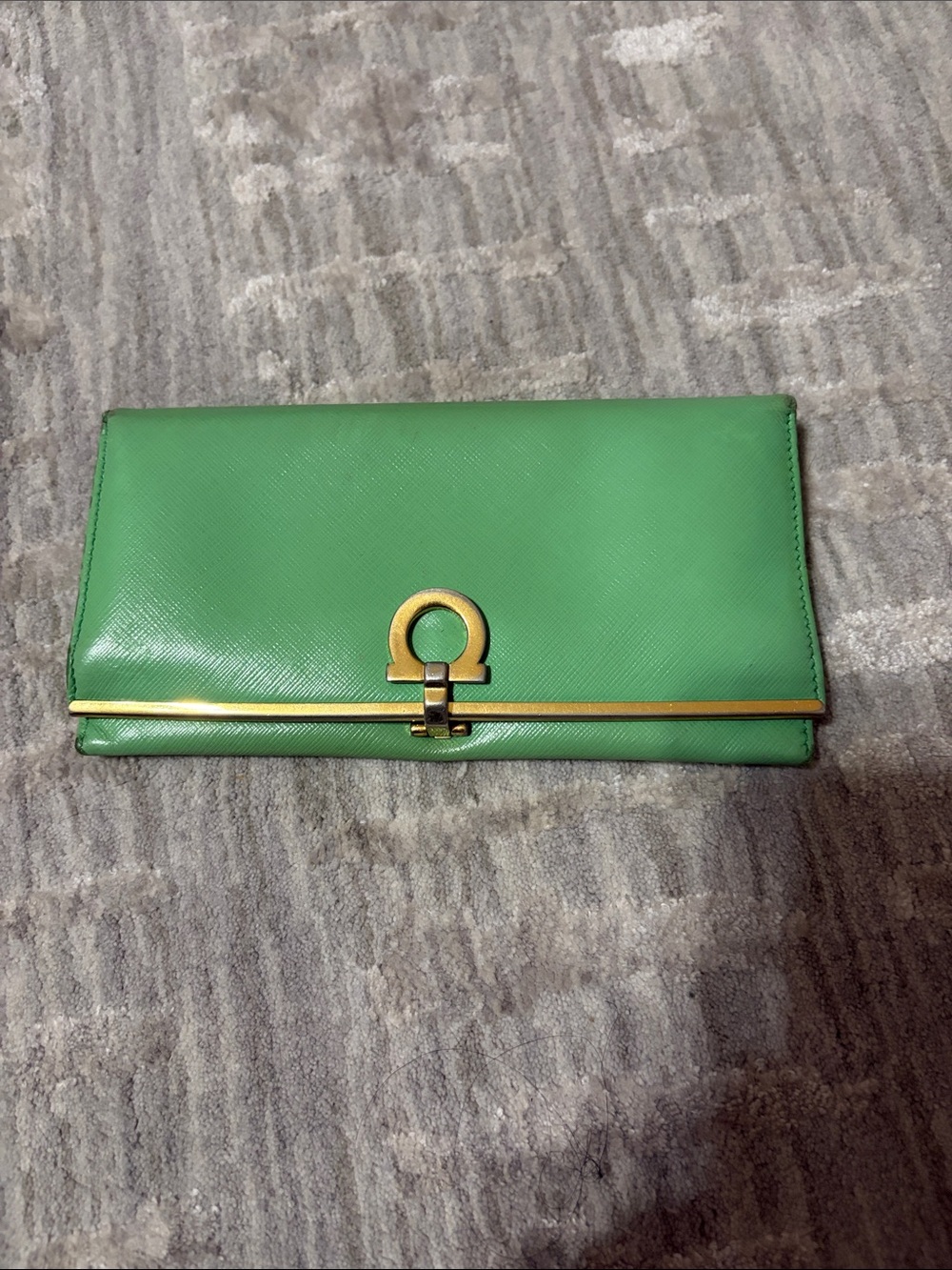 ferragamo Green Leather Clutch Wallet with Gold Hardware